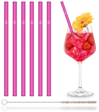 Halm Pink NEON Glass Straws 6 Pieces 20 cm 6 Neon, Plus Plastic-Free Cleaning Brush - Dishwasher Safe - Sustainable - Glass Drinking Straws Glass Sippers for Cocktails, Smoothies, Juice