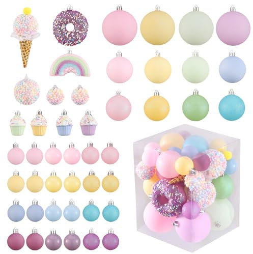 46-teiliges bruchsicheres Weihnachtsschmuck-Set in Pastellfarben, 3D-Eiscreme, Donut- und Kuchen-Dessert-Dekorationen für Candyland, Weihnachtsfeier, Weihnachtsbaumdekoration, süß – Thementreffen und