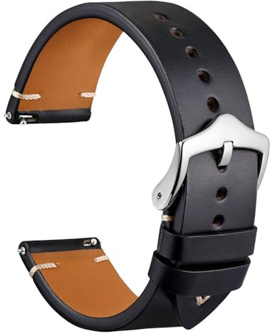 WOCCI 20mm Leder Uhrenarmband, Ölwachs Vollnarbenleder (Schwarz)
