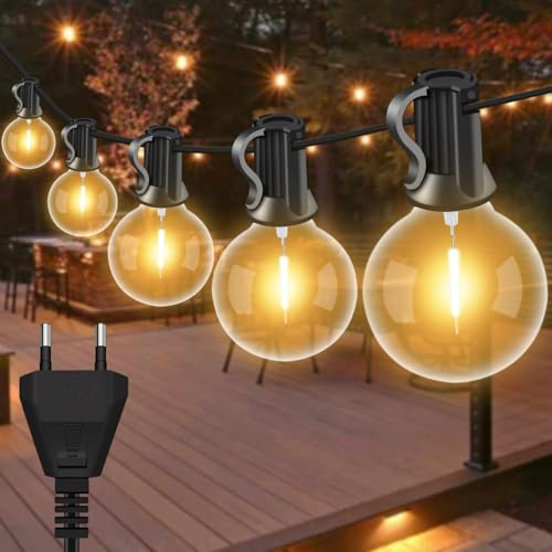LED Lichterkette Außen, 6M 9 Birnen + 1 Ersatz, G40 Gluhbirnen ABS Kunststoff Lichterkette Strom, lP44 Wasserdicht Outdoor Lichterkette Warmweiss fur Romantisch Garten Balkon Camping Hochzeit