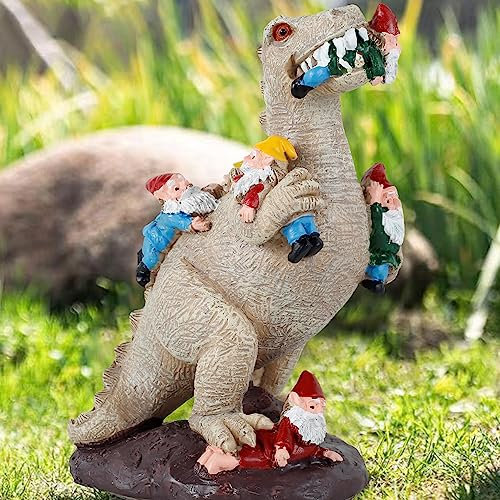 Garden Gnome Ornaments 15cm/5.9inch Dinosaur Eating Gnomes Garden Statues Funny Landscape Dinosaur Figurine Ornament Artificial Art Cute Dinosaurs Sculptures Decor for Patio, Lawn, Yard