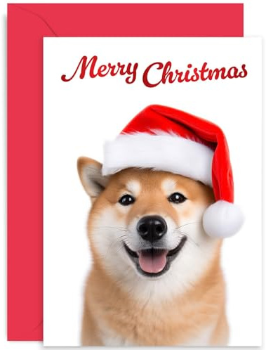 Lustige Shiba Inu Hunde-Weihnachtskarte für Hundebesitzer – Hund in Nikolausmütze – Frohe Weihnachtskarten für Familie und Freunde – für Ehemann, Ehefrau, Freund, Freundin | Innenseite blanko