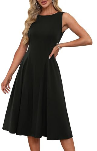 Damen Elegante A-Linie Slim Fit Cocktailkleid 1950er Vintage Retro Midi Kleider Ärmelloses Rockabilly Kleider mit Taschen Schwarz M