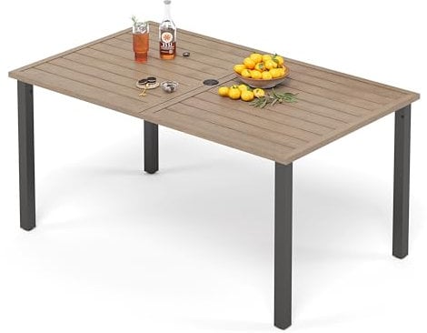 PHI VILLA Table de jardin rectangulaire avec trou pour parasol - Résistante aux intempéries - 152 x 92 x 73 cm - Table d'extérieur rectangulaire avec plateau en métal semblable au teck