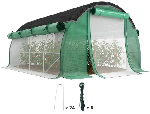 Outsunny Gewächshaus 4 x 3 x 2 m Foliengewächshaus mit 8 Fenster Grün | Rolltüren, Aufrollbar Seitenwänden, UV-beständiger Folientunnel, Winterfest Tomatenhaus mit Erdanker