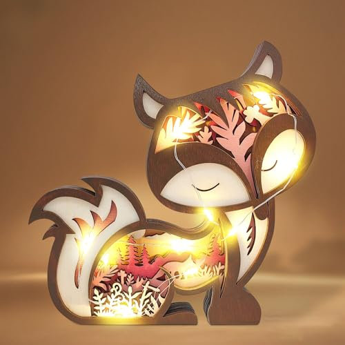 Holz Deko Aufsteller Mit LED Nachtlicht, 3D Handwerk Desktop Deko Beleuchtung mit 2 Modi, Holz Tiere Figuren Deko LED Licht Für Tisch Fensterbank Schlafzimmer Kinderzimmer, Wohndeko Geschenk (Fuchs)