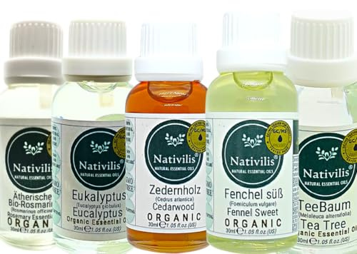 Nativilis Bio Ätherische Öle Set – Teebaum, Eukalyptus, Zedernholz, Fenchel & Rosmarin – 5 x 30 ml – Für Aromatherapie, Haut- & Haarpflege