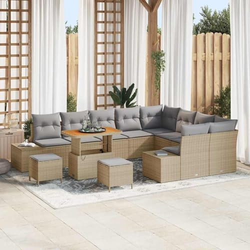 Gecheer 12-teiliges Garten Sofa Set mit Kissen Beige Poly Rattan Akazie, Gartenlounge Esstisch Lounge Möbel Set für Outdoor Garten Terrasse Balkon Möbel3364777