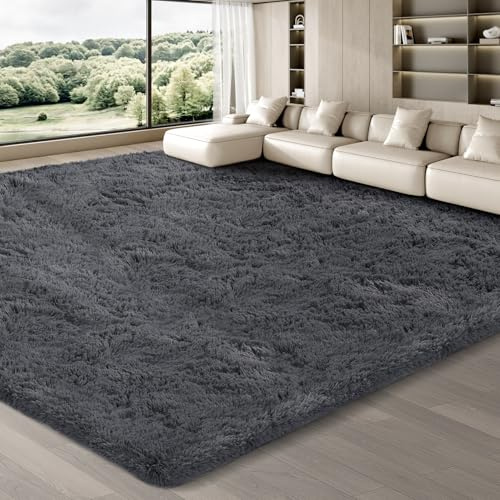 JOJOSEE Hochflor Teppich Wohnzimmer, 240 x 340 cm, Grau | Anti-Rutsch Wohnzimmerteppich, Waschbarer Flauschiger Teppich für Schlafzimmer & Kinderzimmer
