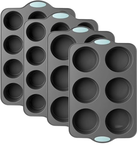 HONYUET 4 Stück Muffinblech Silikon, Grau 2x6er & 2x12er Mulden Antihaft mit Silikongriffe, Muffinform Silikon für Airfryer, Cupcakes & Muffins (25x16x4cm)