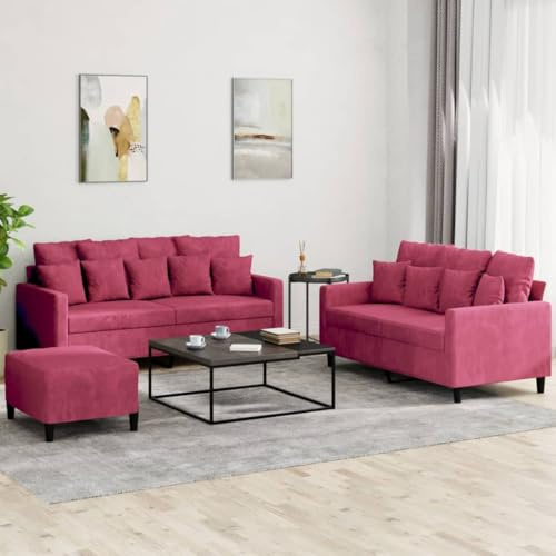 ChicAbode 3-TLG. Sofagarnitur mit Kissen Weinrot Samt