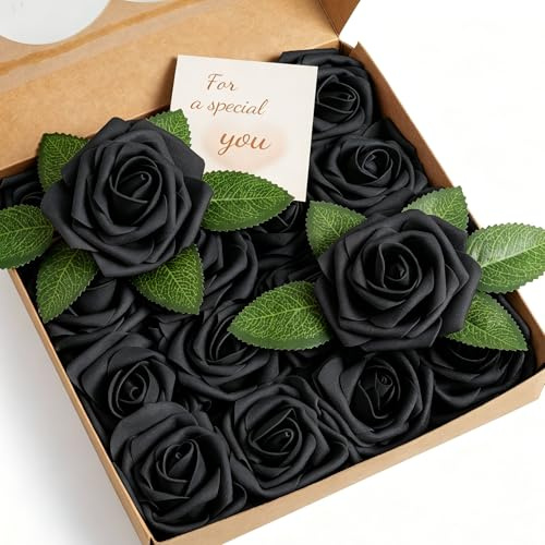 XIANNVXI Black Roses Artificial Flowers with Stems,Fake Black Foam Roses | 16 Pcs Realistic Faux Black Flowers for Halloween,Wedding,DIY Bouquet,Punk Witchy Goth Gothic Decor,Party,Floral Arrangement