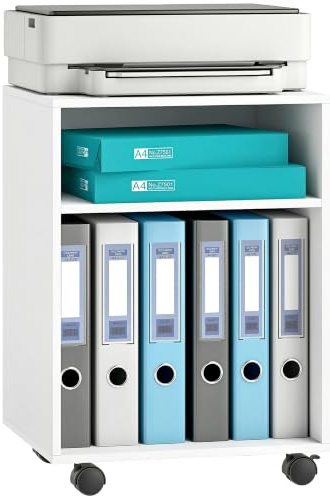 HOMCOM Druckerständer mit Rollen Druckertisch 40 x 35 x 56 cm, Weiß | 2 Offenem Regal, Schreibtisch Organizer, für Drucker, Druckerhalter, Druckerwagen, Büro Zuhause Office, Fax Scanner