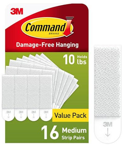 3M PH204-16NA Command Picture Hanging Strips, Medium, White, Holds up to 12 lbs, 16-Pairs, Easy to Open Packaging Hardware