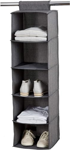 Love IT Store IT Premium Hängeregal für Kleiderstange - Kleiderschrank Organizer aus Leinen - Stabil, verstärkte Böden - 5 Fächer - Grau - 30x30x100 cm