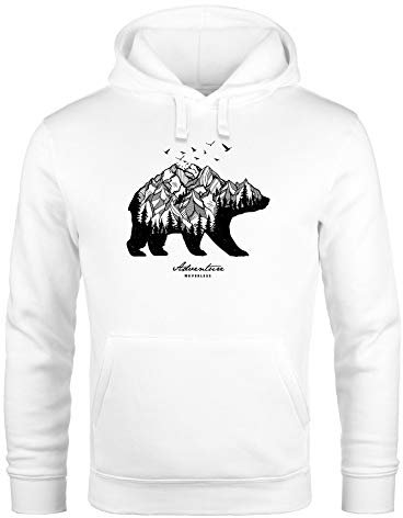 Neverless Hoodie Herren Bär Abenteuer Berge Wald Bear Mountains Adventure Kapuzen-Pullover Männer weiß L