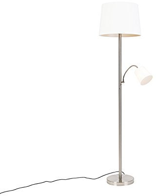 Qazqa - Klassisch I Antik Klassische Stehlampe Stahl I Silber I nickel matt mit weißem Schirm und Leselampe - Retro I Wohnzimmer I Schlafzimmer - Stahl Länglich - LED geeignet E27