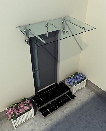 200 x 90 cm (3 Haltestangen) Glasvordach Vordach Türvordach Türdach Haustür Klarglas Glas Edelstahl VSG