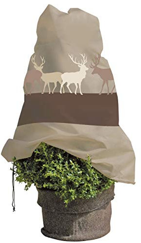 AFP Winterschutz Vlieshaube Hirsche, Cappucino, 110 x 110cm, 50g/qm Kübelpflanzensack Gartenvlies atmungsaktiv, Bedruckt/Frostschutz Pflanzen/Gartendeko/Kordel / 2 Jutesäckchen gratis