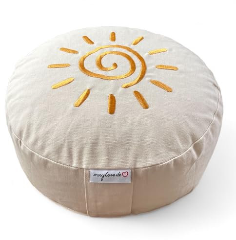 maylow Yoga mit Herz® Hochwertige Meditationskissen Stickerei Shanti Sonne Bezug waschbar Innenkissen Bio-Dinkelspelzen Ø33 cm H: 15cm (Personalisierung nach Wunsch) (natur, H:15cm)