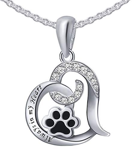 CLEVER SCHMUCK Silberne Damen Halskette Herz Anhänger 19 x 20 mm mit Hundepfote schwarz & viele Zirkonia & Gravur Always in my Heart & Kette Erbs 45 cm Sterling Silber 925 im Schmucketui