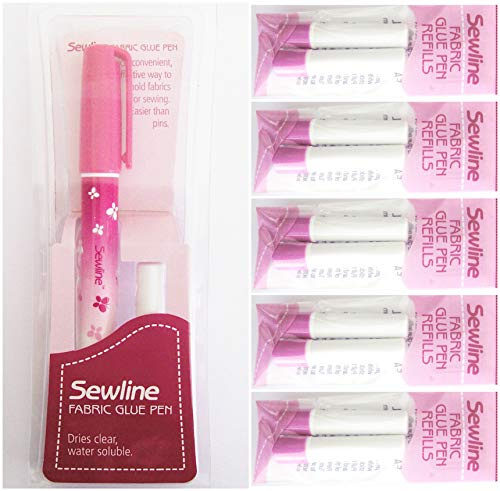 Sewline Fabric Glue Pen Plus 5 x Double Refill Pack, EPP, no pins, Dries Clear, Sewing & Paper Piecing