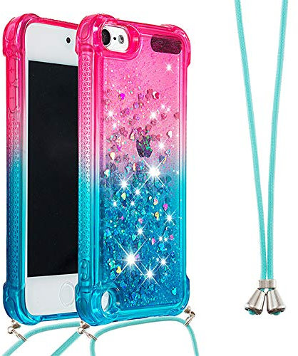IMEIKONST Glitzer Handyhülle für iPod Touch 7 Hülle, Quicksand Fließende Flüssigkeit schwimmt Silikon Case mit Umhängeband Handykordel Band Kette für iPod Touch 5 / Touch 6 Pink Blue YB