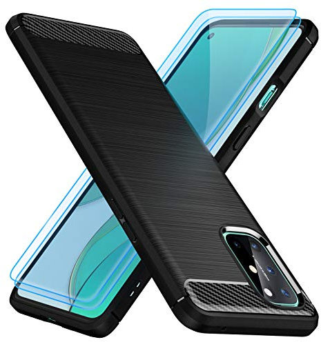 TesRank OnePlus 8T Hülle + 2 Stück Schutzfolie 9H Schutzglas, Weiche kohlefaser Handyhülle [Shock Absorption] Kratzfest Schutzhülle Case für OnePlus 8T-Schwarz