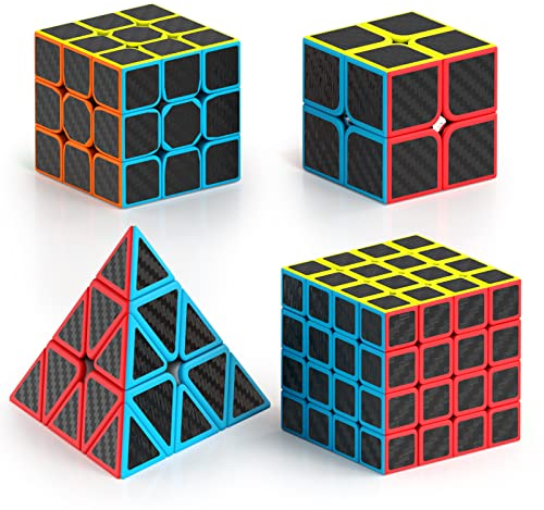 Vdealen Zauberwürfel Set Speed Cube von 2x2 3x3 4x4 Pyramide Zauberwürfel Original, Magic Cube Würfel Puzzle, Geschenk für Kinder Teenager Erwachsene(Kohlefaser-Aufkleber)