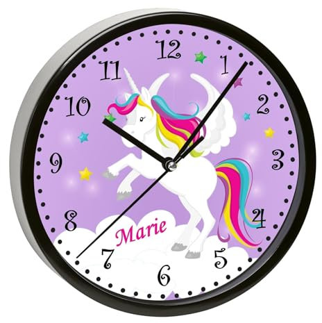 CreaDesign, Wanduhr Kinder personalisiert mit Name, Motiv Einhorn lila, Rahmen Wanduhr schwarz, Ø 19,5 cm