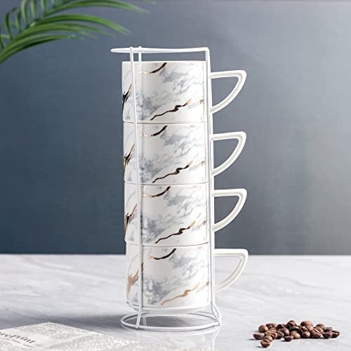 Winlauyet 200ml Set of 4 Porcelain Cappuccino Espresso Cups with Chrome Rack Holder Coffee Tea Cup (White)