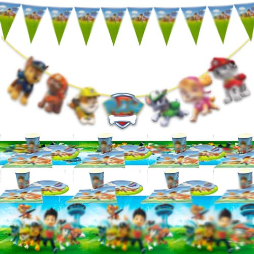 Tulufanskrr Paw Dog Patrol Geburtstag Deko, Cartoon Party Ballons, Dogs Patrol Dekoration Set, Kindergeburtstag Deko Partyzubehör-Set mit Luftballon Teller Becher Servietten Wimpel für Kinder