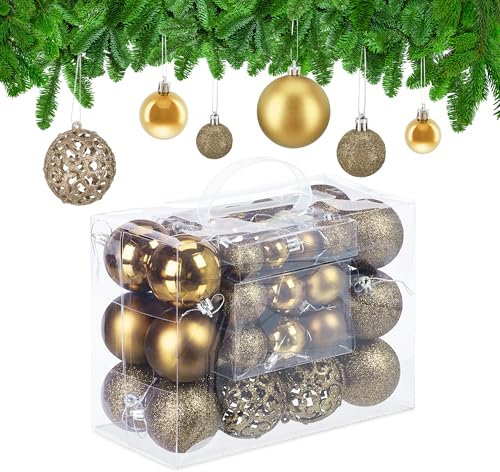 Relaxdays Weihnachtskugeln im 50er Set, glitzernde, Matte & glänzende Christbaumkugeln, Kunststoff, ∅ 3, 4 & 6 cm, Gold