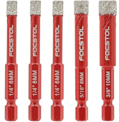 FOCSTOL Juego Brocas Diamante Seco - 5 piezas 6/6/6/8/10mm Corona Diamante con Cambio Rápido Vástago Hexagonal para Cerámica Porcelanato Mármol Granito