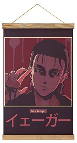 TTOOXZ Vintage Anime Eren Yeager Scroll-Poster Stoff Bild Kunst Holz DIY Rahmen Hängende Druck Aufhänger für Raumdekoration Öl Leinwand Kit Geschenk
