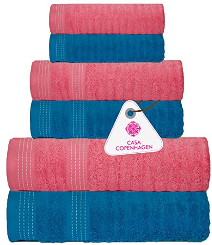 Casa Copenhagen Elegance Collection-Handtuch 550 g/m² Handtuch aus ägyptischer Baumwolle für Hotel, Spa, Küche und Badezimmer, 6-teiliges Set mit 2 Bade, 2 Händen, 2 Waschlappen -Rosa + Blaugrün