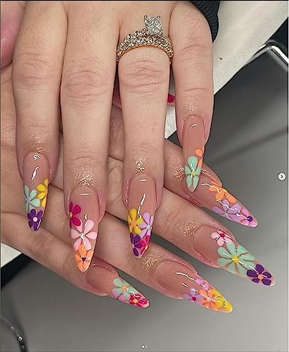 JUSTOTRY 24 Pcs Colourful Flower Stiletto Fake Nails Long,Rainbow French Press on Nails Patterns,Floral Almond Stick on Nail for Women,Acrylic Extra Long False Nail for Nail Art