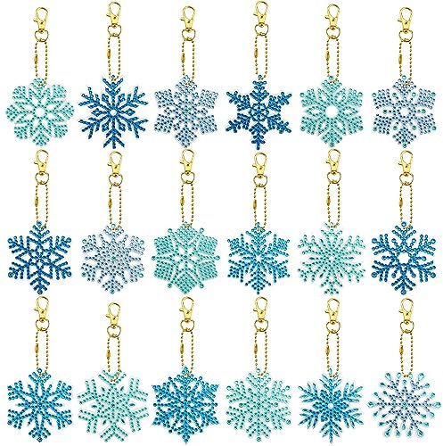 18 Pieces Snowflake Diamond Art Painting Keychain Christmas Rhinestone Painting Key Rings Chains Blue Mosaic Diamond Craft Keychain Rhinestone Pendants Decoration for Key Case Purse Phone Bag (A)