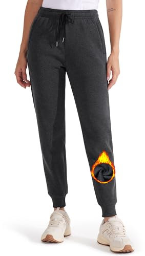 Libin Warme Jogginghose Damen Gefütterte Thermo Sporthose Winter Trainingshose Sweatpants Laufhose Yoga Hosen mit Reißverschluss Taschen Dunkelgrau M