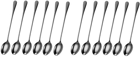 PEBBLE HUG 12 Pcs Metallic Black Long Handle Latte Iced Tea Spoon, Coffee Spoon, Ice Cream Spoon, Stainless Steel Cocktail Stirring Spoons(Set of 12)