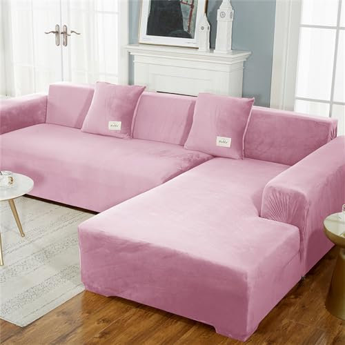 Lukery Stretch Sofabezug rutschfest Sofaüberwürfe mit Armlehnen, Samt Universal Wohnzimmer All-Inclusive Ecksofa L Form Sofa/Sesselbezug für Hotel Schlafzimmer Zuhause (Rosa,4 Sitzer)