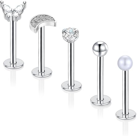 Gojewen 5stk Lippenpiercing Labret Stecker 10mm Chirurgenstahl Piercing Helix Lippe Monroe Medusa Studs 16G Silber Schmetterling