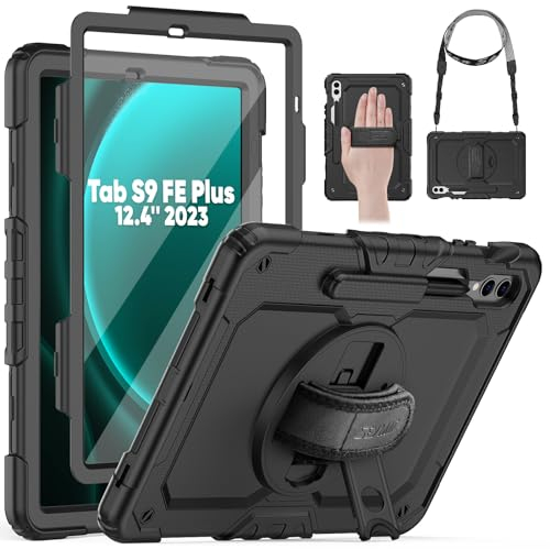 SEYMAC Hülle für Samsung Galaxy Tab S10+ Plus / S9 FE+ Plus / S9 Plus 12,4 Zoll 2024/2023, Stoßfeste Hülle mit Displayschutz, 360° Drehbarem Ständer/Handschlaufe, Schultergurt, Stifthalter, Schwarz