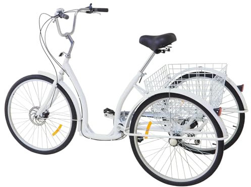 Brride 26 Zoll Dreirad für Erwachsene, 3 Rad Fahrrad Dreirad mit Einkaufskorb, 6 Gang Trike Bike, Outdoor Dreirad, Tricycle Fahrrad Cruiser Bikes für Senioren(Weiß)