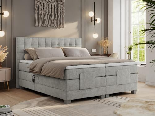 MKS MEBLE Boxspringbett 180x200 elektrisch verstellbar 7-Zonen Taschenfederkern Matratze inkl Visco Topper Bett 180x200 mit Motor Polsterbett Motorbett - Elektro - Hellgrau Struktur - H3