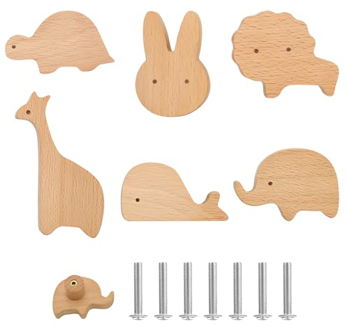 BRISKORE Pack de 6 pomos de madera para armarios para habitación infantil, pomos para muebles con forma de animal para niños, pomos para armarios con tornillos, tiradores de madera para armarios