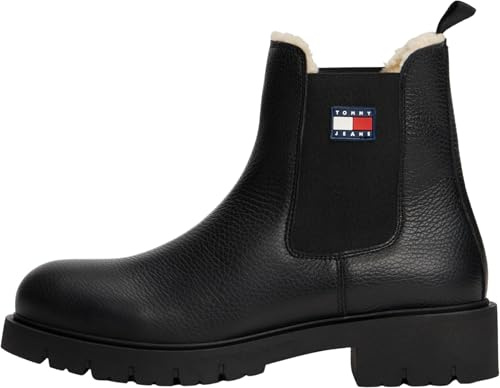 Tommy Jeans Herren Chelsea Boot Leather Boot mit Logo, Schwarz (Black), 46