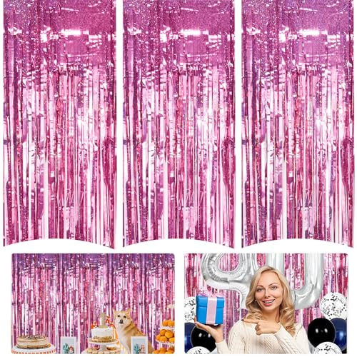 LPAMABA 3 Stück Lametta Vorhänge Rosegold Folien Fransen Lametta Vorhänge 1 * 2.5m Vorhang Deko Geburtstagsdeko Metallisch Vorhänge Selbstklebende Metallfolie für Hochzeit Verlobung Geburtstag Party