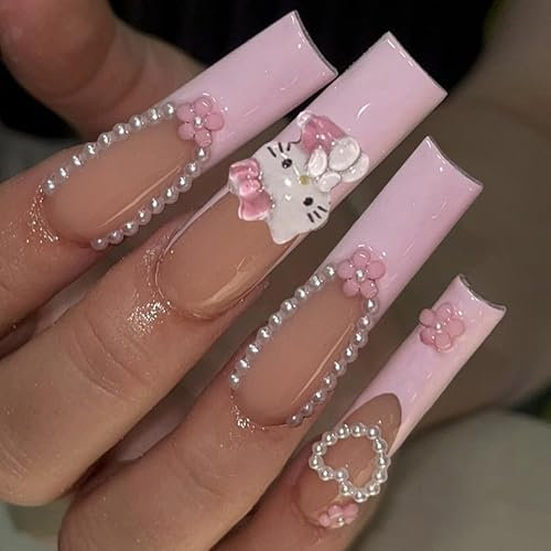 MouyouGlow Press on Nails Lang,Ballerina Cute Kawaii Nude Rosa French 3D Kitty Carton Perle Floral Heart Y2K Coquette Fake Nails mit Nagelkleber,Pink Tips Sweet Artificial Fingernails …