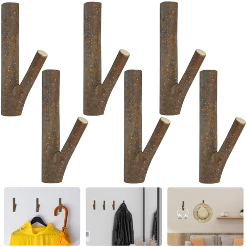 SCHYIDA Ganchos de Madera Adhesivos para Colgar Ropa - 6 Percheros Rústicos en Forma de Rama con Corteza para Pared - Perchas Adhesivas de Madera